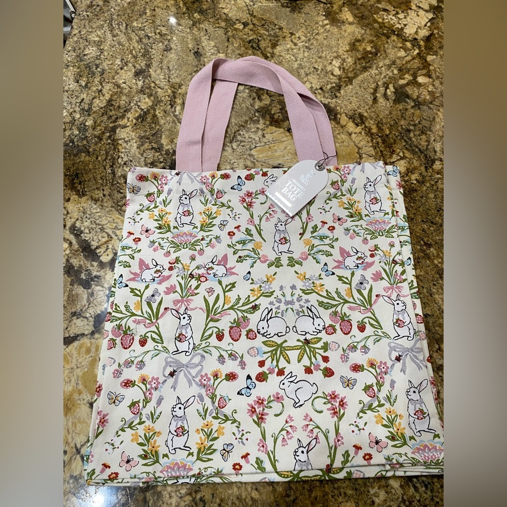 Bunny Tales Reusable Canvas Tote Bag -adorable rabbit, strawberry & floral print